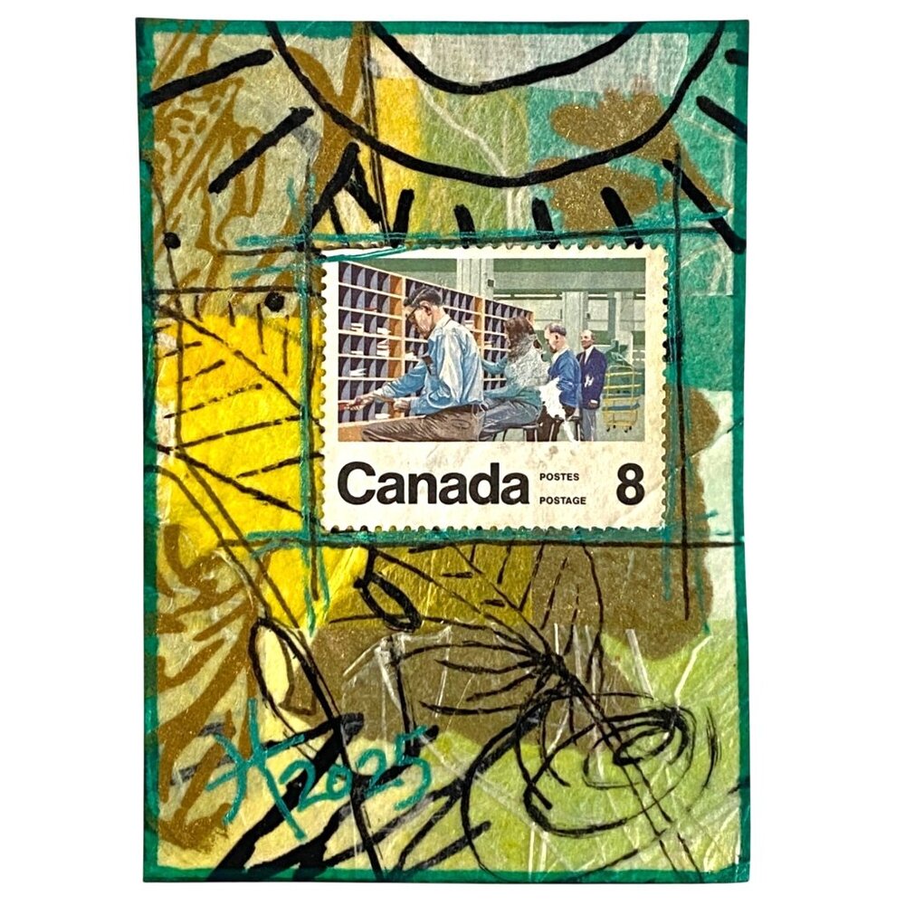 ACEO Original Art Acrylic Collage 1974 Mail Carrier Canada Postage Stamp ATC